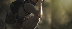 Photographe utilisant des jumelles sur un tronc d'arbre en pleine nature